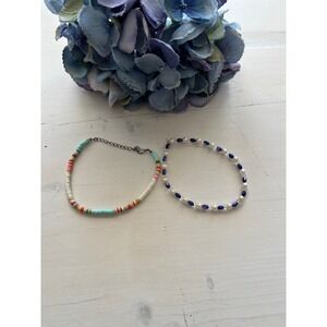 Set of 2 Beaded anklets‎ Colorful Disc Beads Pearl Navy Seed Beads